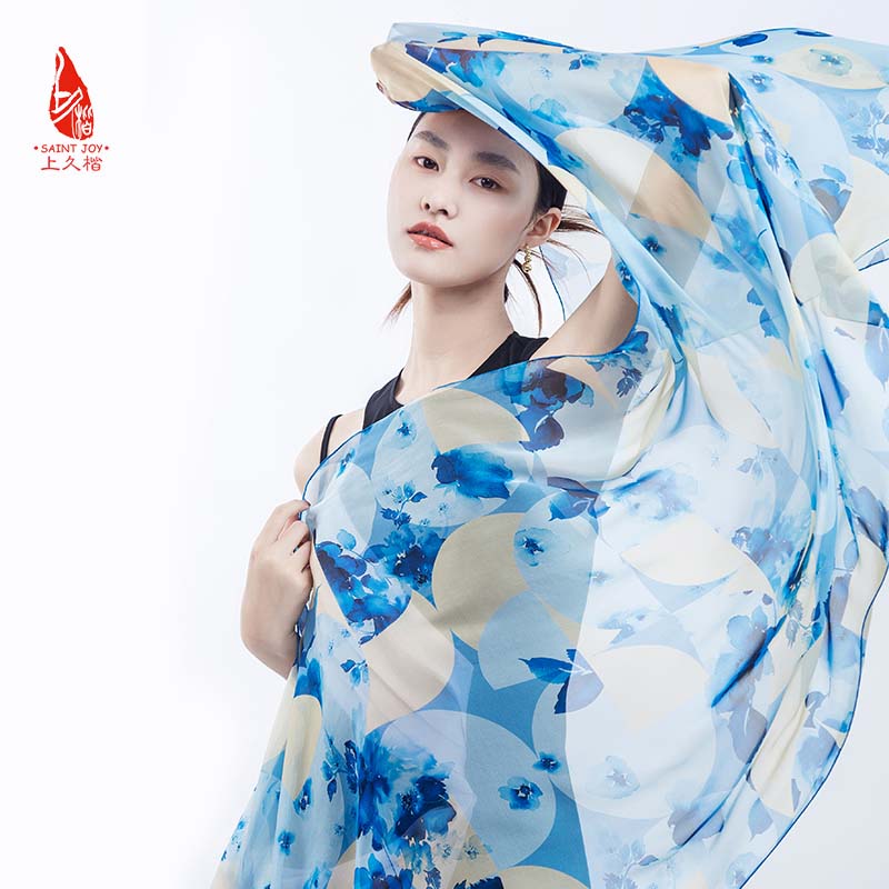 SAINTJOY/上久楷夏季真丝长巾 桑蚕丝 青花春韵CJS22007