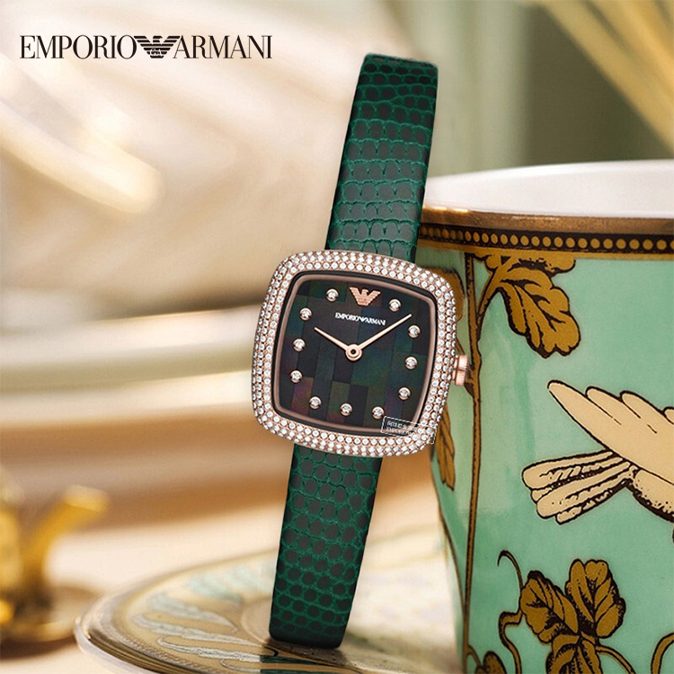 emporio armani阿玛尼手表女士时尚休闲镶钻方盘欧美表 石英腕表生日