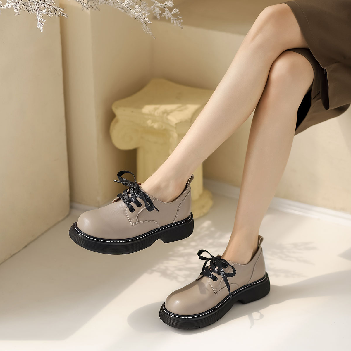 西村名物22年秋新款时尚圆头英伦风小皮鞋休闲绑带牛津鞋学院风小单鞋11641