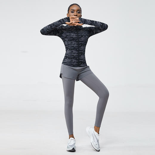 科里芙 全腰围口袋假两件长裤紧身高腰长裤跑步训练运动专业女健身裤 商品图0