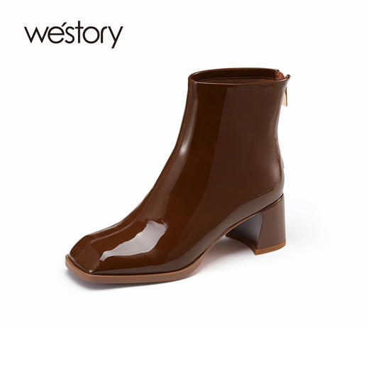 westory纯色方头真皮拉链亮面粗跟短靴22秋新款百搭显瘦靴子82221 商品图1