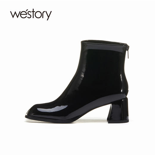 westory纯色方头真皮拉链亮面粗跟短靴22秋新款百搭显瘦靴子82221 商品图2