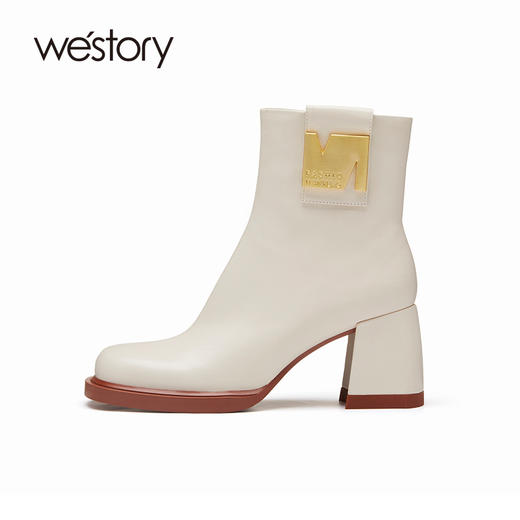 westory复古时髦金属饰扣短筒时装靴粗高跟秋冬新款靴子81971 商品图2