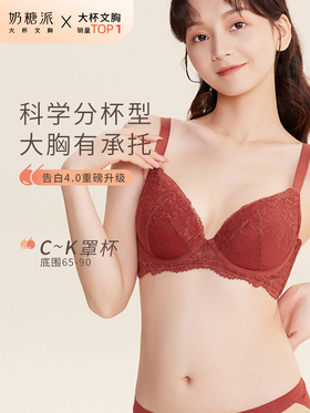 【买三免一】奶糖派大杯文胸告白分胸型4.0防下垂蕾丝上托大胸内衣本命年红