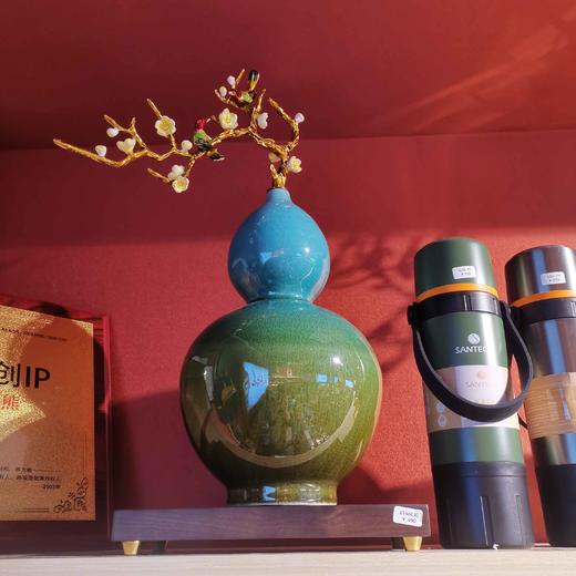 珐琅陶瓷葫芦 胡桃木底座 礼盒居家书房办公室玄关新中式摆件 商品图2