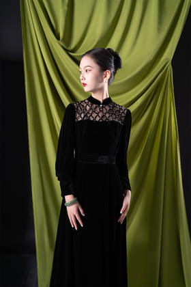 荷言HEHEN纯手工定制 秋暝 复刻黑色丝绒蚕丝编制流苏原创旗袍