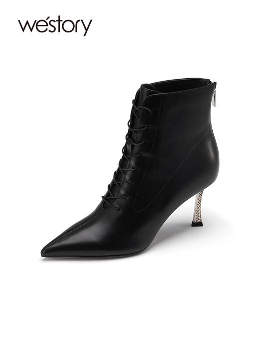 westory超火冬尖头洋气绑带瘦瘦靴法式小短靴显高及踝靴82181 商品图1