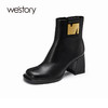 westory复古时髦金属饰扣短筒时装靴粗高跟秋冬新款靴子81971 商品缩略图1