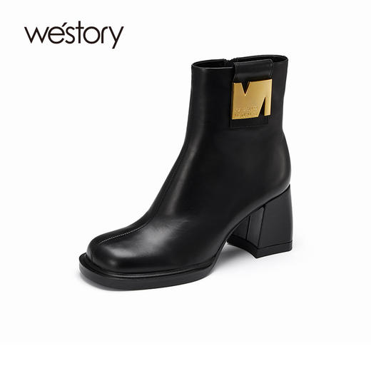 westory复古时髦金属饰扣短筒时装靴粗高跟秋冬新款靴子81971 商品图1