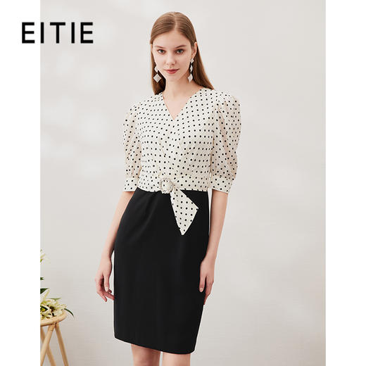 （容易掉钻，建议误拍）EITIE爱特爱春季新款优雅修身V领显瘦拼接波点连衣裙女6907634 商品图0