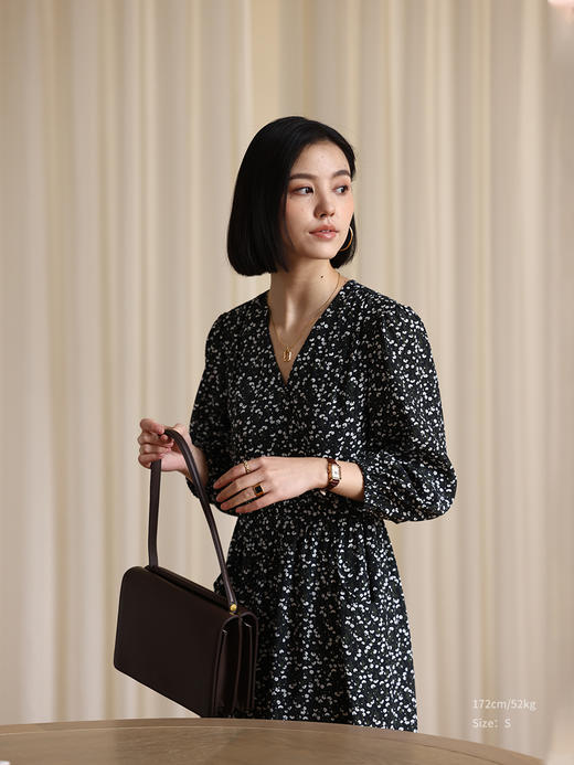 HeyDress法式印花连衣裙女春季复古V领收腰显瘦温柔气质长袖裙子 商品图2