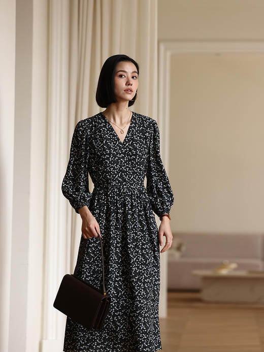 HeyDress法式印花连衣裙女春季复古V领收腰显瘦温柔气质长袖裙子 商品图1