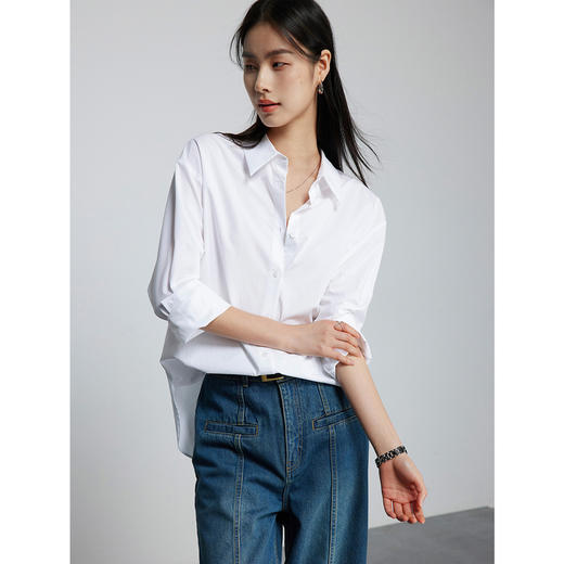 333604044棉仓-初棉OL风80s纯棉长袖白色衬衫女 微磨毛内搭气质长绒棉衬衣 商品图7