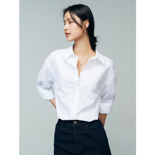 333604044棉仓-初棉OL风80s纯棉长袖白色衬衫女 微磨毛内搭气质长绒棉衬衣 商品图0
