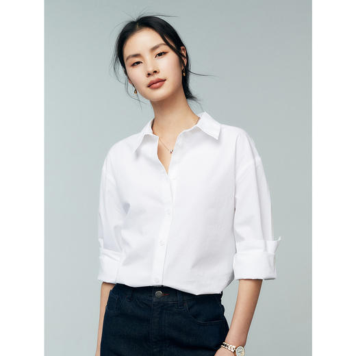 333604044棉仓-初棉OL风80s纯棉长袖白色衬衫女 微磨毛内搭气质长绒棉衬衣 商品图1