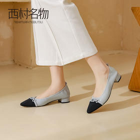 西村名物2023春季新款尖头小香风通勤平底同色扣饰优雅单鞋T23AE12301