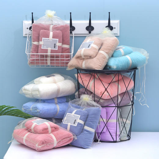 高密珊瑚绒毛巾浴巾子母套巾网纱袋高密毛巾加浴巾70*140cm 商品图2