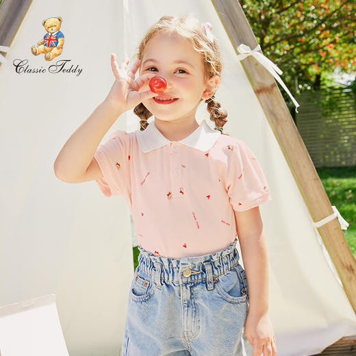 【清仓捡漏】【90-130】【精典泰迪】女童夏款满印小熊短袖POLO衫精典泰迪（95%棉5%氨纶） 商品图0