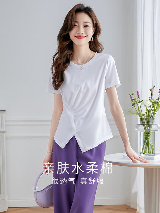 【专属特价】熙世界不规则短袖T恤女夏2025年新款休闲纯色圆领设计感别致上衣 商品图3