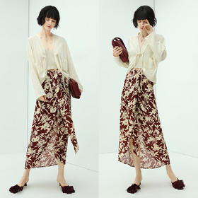 【秒杀】COCOBELLA设计感飘带高腰印花半身裙夏前短后长遮胯长裙HS93