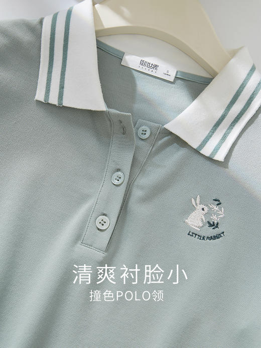 【专属特价】熙世界珠地棉polo衫女短袖2025夏季新款卡通兔子撞色翻领T恤上衣 商品图3