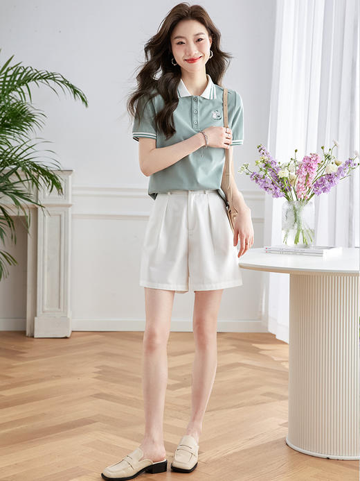 【专属特价】熙世界珠地棉polo衫女短袖2025夏季新款卡通兔子撞色翻领T恤上衣 商品图4