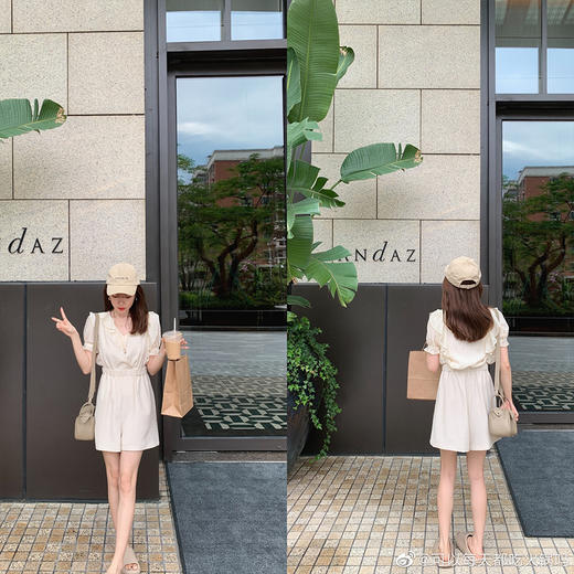 金蘑菇菇【伯利兹夏日】高级耐看灯笼袖上衣吊带连体裤两件套 商品图0