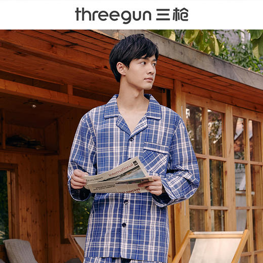 Threegun三枪 【纯棉彩格】翻领开襟长袖长裤男士家居套家居服-81413D011 商品图0