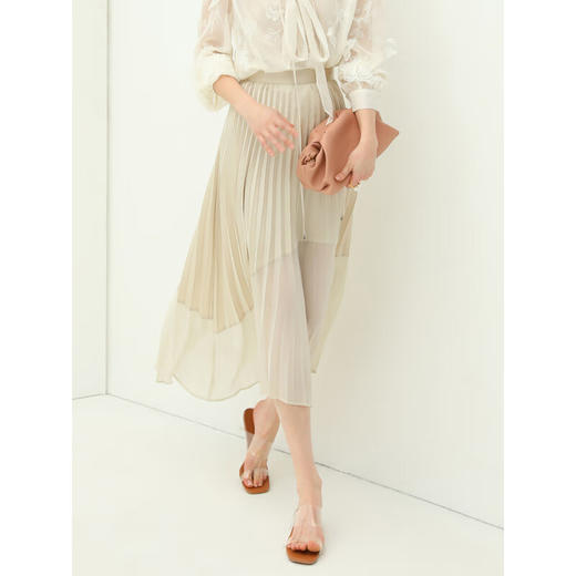 COCOBELLA设计感拼接缎面百褶裙飘逸压褶不对称半身长裙HS535 商品图0