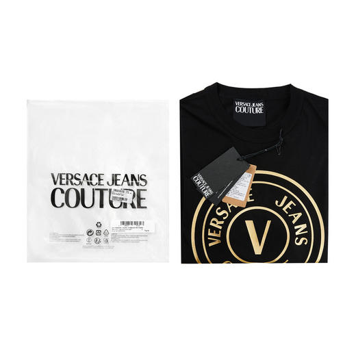 VERSACE JEANS COUTURE 春夏新品 男士V字徽标印花圆领短袖T恤 黑色金标 74GAHT05 CJ00T 商品图2