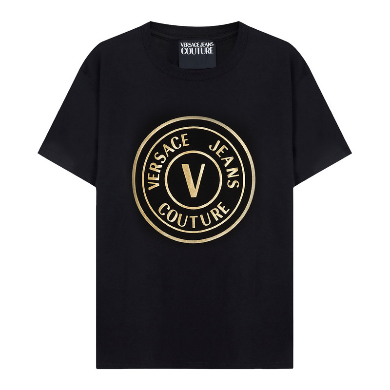 VERSACE JEANS COUTURE 春夏新品 男士V字徽标印花圆领短袖T恤 黑色金标 74GAHT05 CJ00T