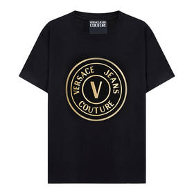 VERSACE JEANS COUTURE 春夏新品 男士V字徽标印花圆领短袖T恤 黑色金标 74GAHT05 CJ00T