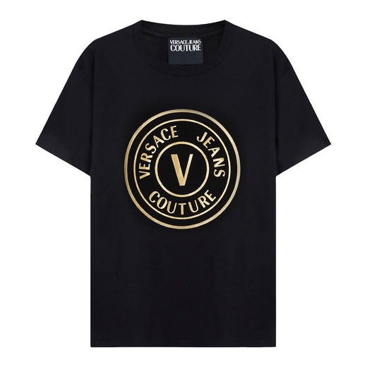 VERSACE JEANS COUTURE 春夏新品 男士V字徽标印花圆领短袖T恤 黑色金标 74GAHT05 CJ00T 商品图0