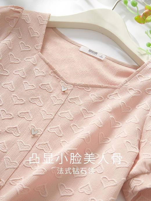 【专属特价】熙世界重磅银丝爱心印花雪纺衬衫女夏季甜美风泡泡袖法式方领上衣 商品图4