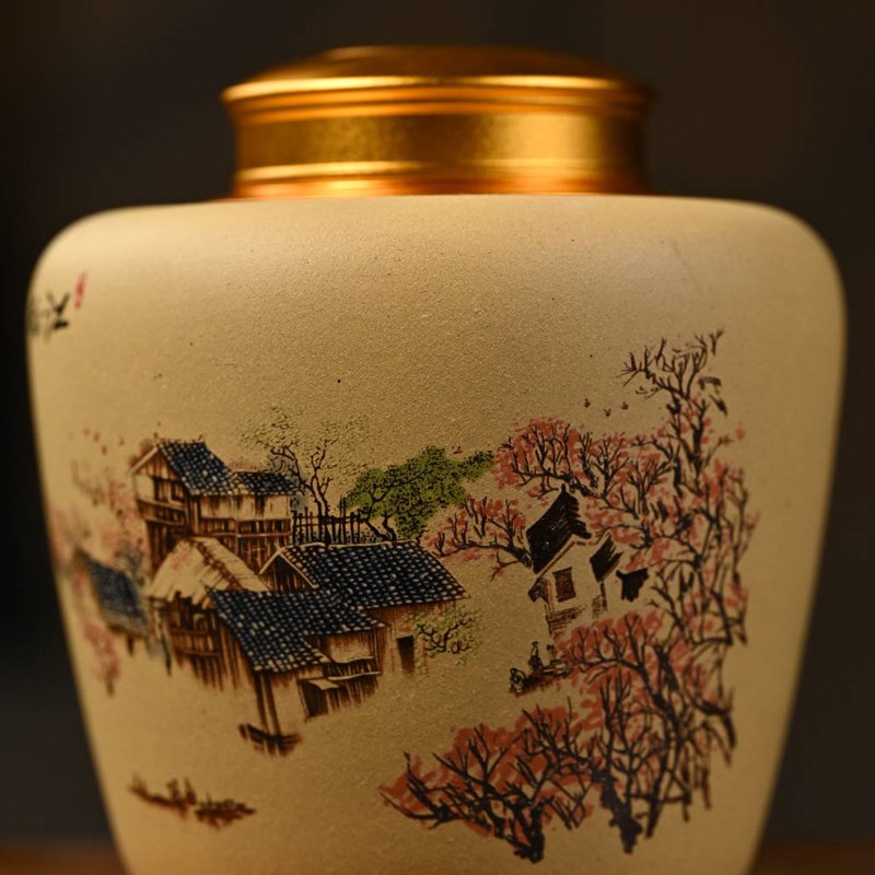 智慧-宜兴紫砂普洱醒茶罐大号一斤装锡盖普洱茶罐福禄双兔茶叶罐（500ml）家用散茶罐