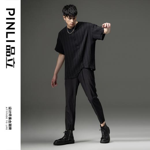 PINLI品立夏季新款男装压褶小脚裤黑色轻薄休闲九分裤潮牌束脚裤，B242117159-B222517105 商品图1