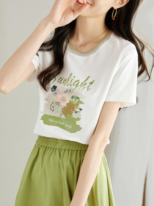 【专属特价】熙世界圆领印花T恤女短袖2025夏新款百搭宽松显瘦减龄体恤衫上衣 商品图1