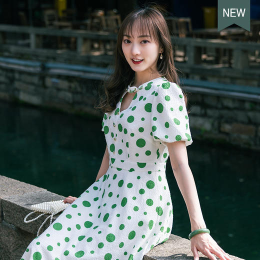 荷言GL 绿波间 绿色波点连衣裙 商品图1