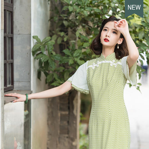 荷言GL 盼兮 改良旗袍清新绿喇叭袖少女感（特价） 商品图0