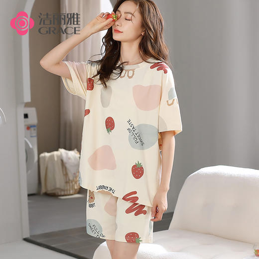 洁丽雅春夏新品女士家居服涤棉圆短袖短裤套装可外穿睡衣女 商品图0