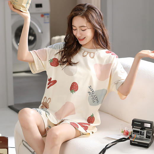 洁丽雅春夏新品女士家居服涤棉圆短袖短裤套装可外穿睡衣女 商品图3