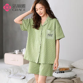 洁丽雅春夏新品女士家居服涤棉圆短袖短裤套装可外穿睡衣女