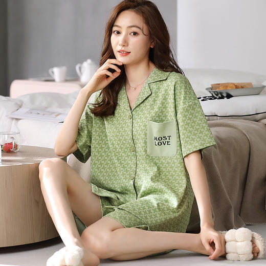 洁丽雅春夏新品女士家居服涤棉圆短袖短裤套装可外穿睡衣女 商品图2