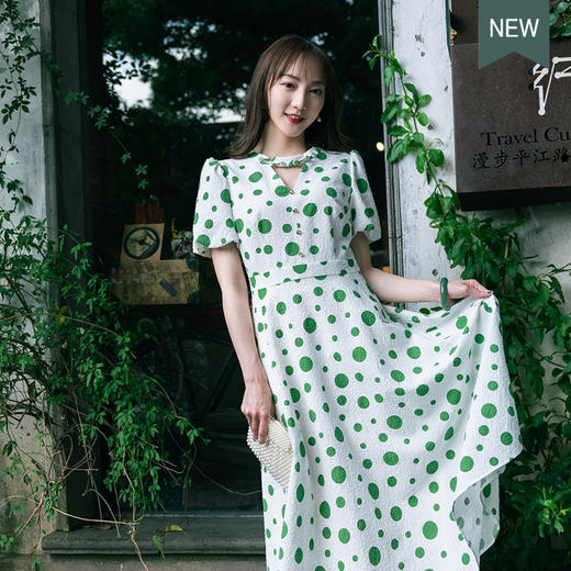 荷言GL 绿波间 绿色波点连衣裙 商品图2