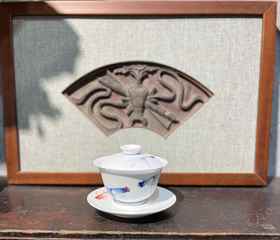 B-YYSZ-0016 萧御手作 青花双鱼盖碗 秘制玉泥料