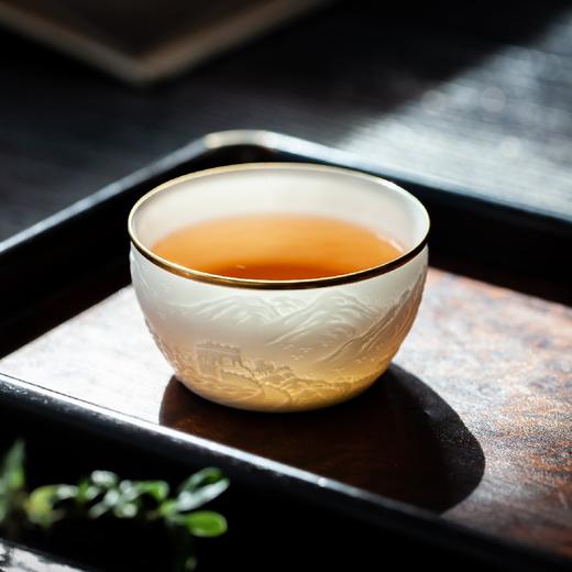 景德镇手工雕刻主人杯镶金白瓷功夫茶杯品茗杯个人专用单杯茶盏素手堂 玉泥线雕鎏金杯 万里长城款 商品图2