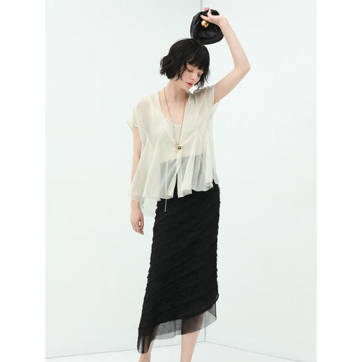 COCOBELLA设计感网纱拼接提花流苏斜摆半身裙女气质长裙HS912B 商品图2