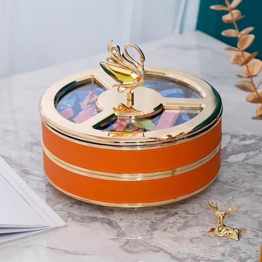 干果收纳盒客厅茶几坚果糖果盒轻奢干果盒带盖家用零食瓜子干果盘珐琅彩天鹅双层果盘 （合金+皮革款） 商品图1