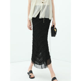 COCOBELLA设计感网纱拼接提花流苏斜摆半身裙女气质长裙HS912B