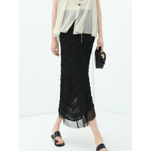 COCOBELLA设计感网纱拼接提花流苏斜摆半身裙女气质长裙HS912B 商品图0